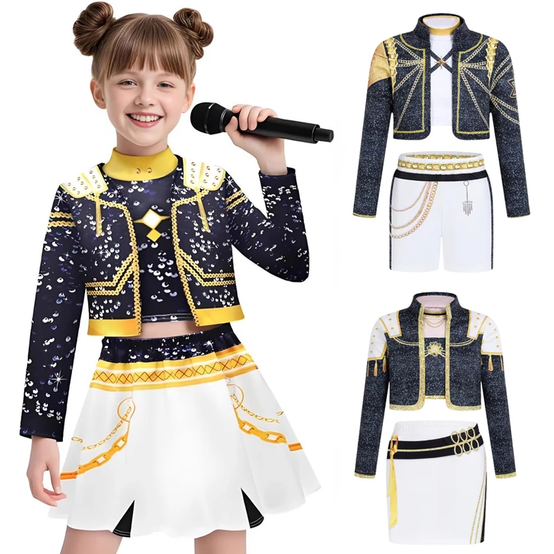 زي K-POP Demon Hunter التنكري، زي الأطفال المطبوع بالذهب الأسود لمرحلة الأداء للهالوين للفتيات على شكل نجمة الغناء