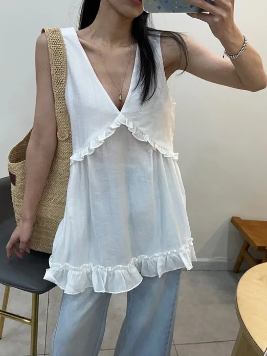 Simpatico gilet anti-età in legno V-Ne Svel irt donna estate nuovo top bianco allentato Faion Ladies' irt