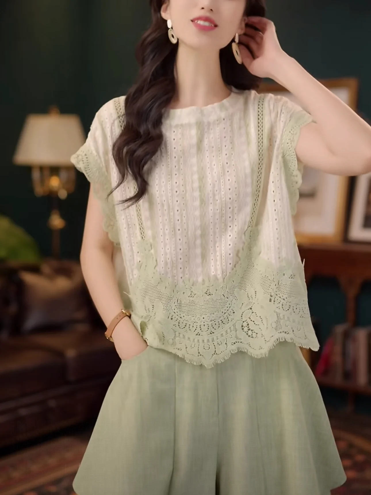 

Повседневный женский топ Mint een Lace Splice, лето 2022, новый топ с вырезами, маленький топ Flng Sve Sweet Sle