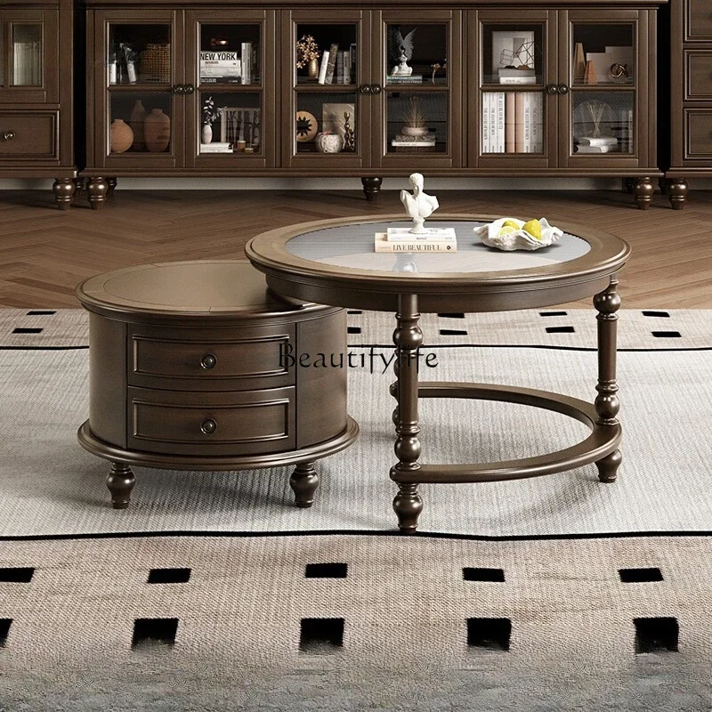 

44American all solid wood round combination coffee table living room retro coffee table simple