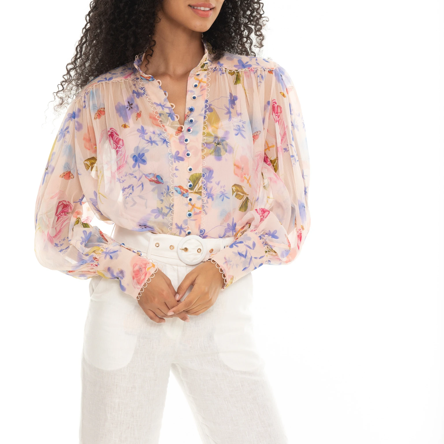 

Women Silk Blouse Flower Butterfly Printed Orchid Button shirt tops 2023 Spring New