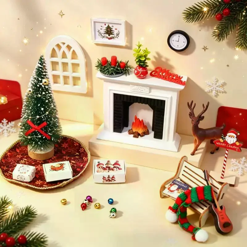 Mini Christmas Scene Kit Desktop Ornament Dollhouse Fireplace Xmas Tree Living Room Decor Model Micro Scene Layout Decor Props