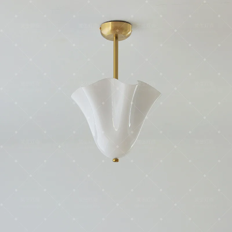 Modern Hand Blown Glass Ceiling Light, Art Petal Shape Semi Flush Mount Ceiling Lamp, Vintage Amber Glass Chandelier for Hallway