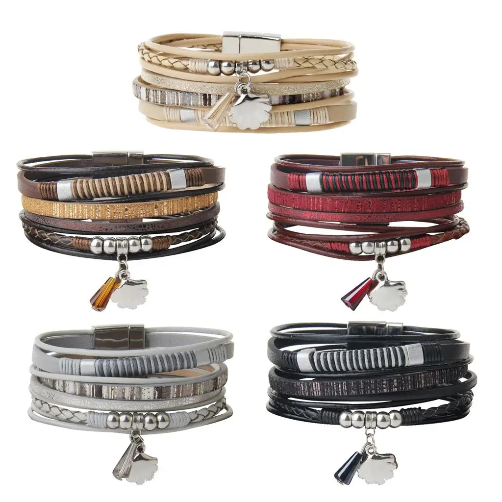 

Punk Magnetic Clasp Multilayer Leather Beaded Women's Bracelet Wrist Band