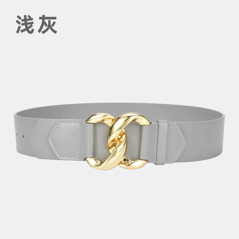 レディースのおしゃれなワイドベルト、万能で着痩せ効果のあるウエストベルト、ドレスに合うゴールドバックルベルト