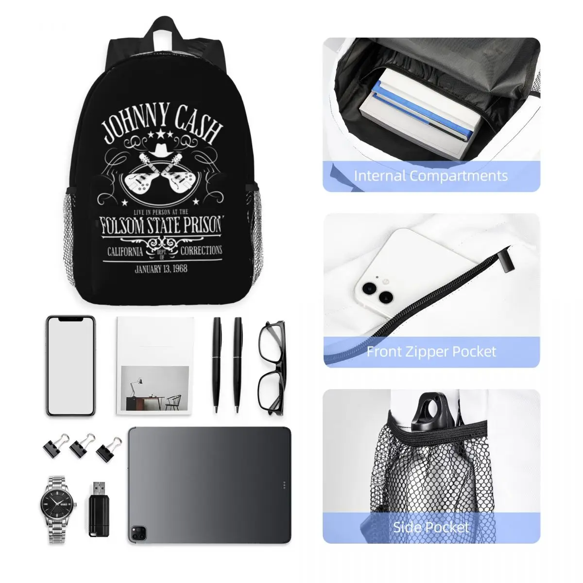 Johnny Cash Live At Folsom State Prison Jan 13 1968 Backpack Boys Girls BookBag Men Women School Bag Laptop Shoulder Bags