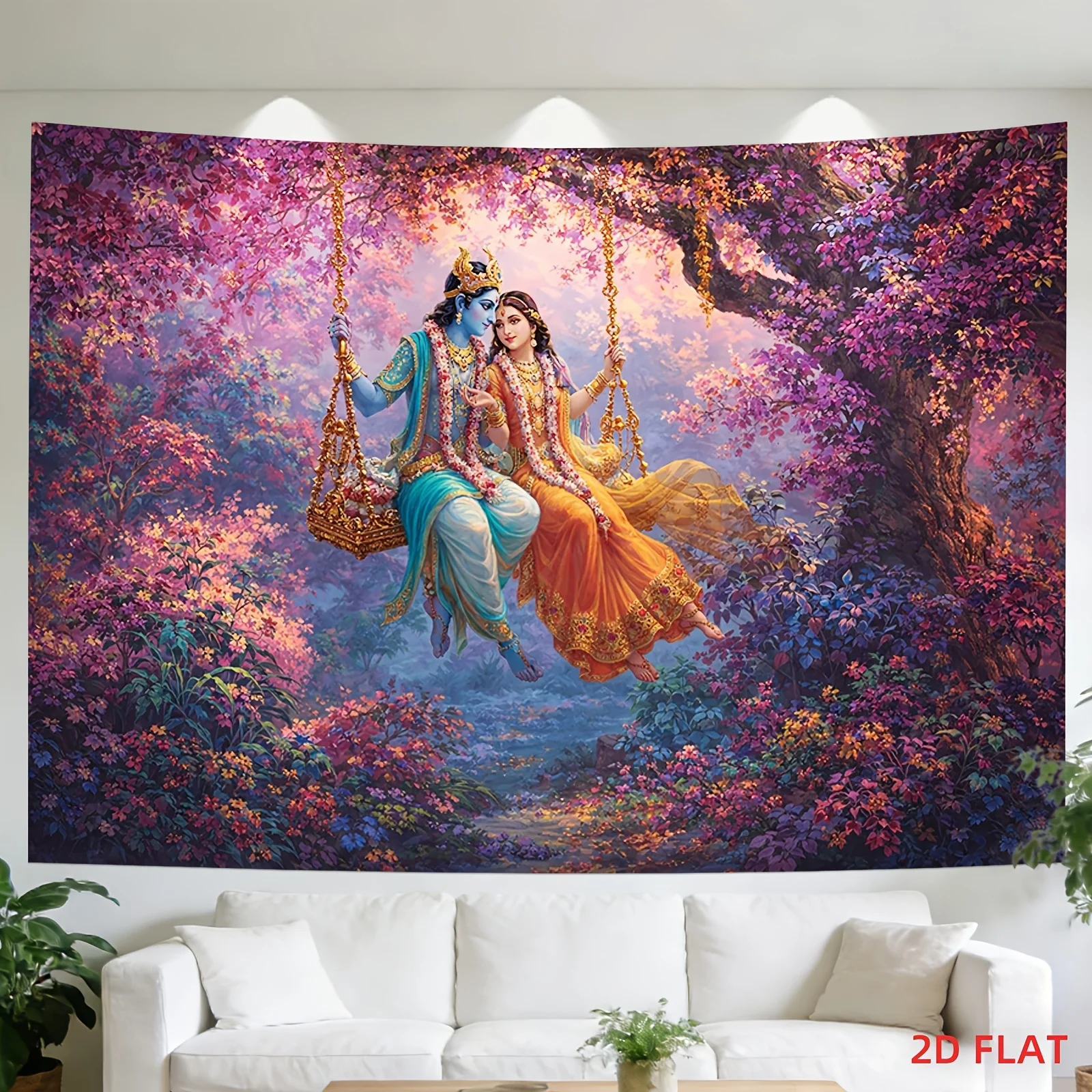 Radha Krishna Tapestry, Divine Couple on Swing Wall Hanging, Hindu Mythology Art for Bedroom Living Room Home Decor