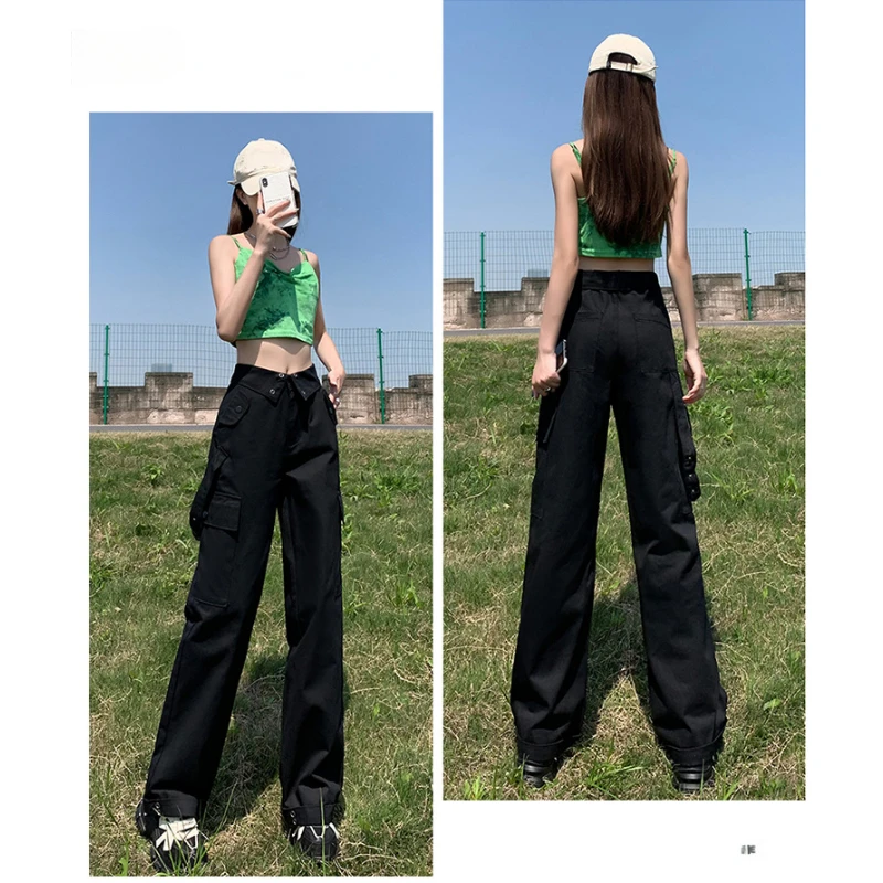 American Overalls Trousers Women Summer Wide Leg Casual Pants Thin Straight Loose High Waist Slim Cargo Bottoms Pockets Purple