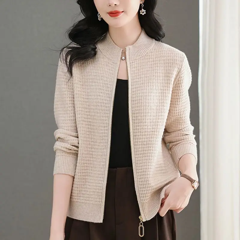 Veste courte Slim pour femme, vêtements de printemps et d'automne, col montant, tricot, haut à manches longues, manteau pull pour femme