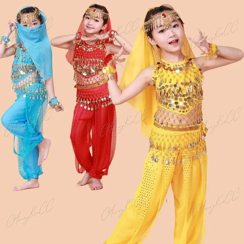 Stage Chiffon bambini indiano danza del ventre ragazza Costume Halloween Performance 7 pezzi set bambini che ballano abiti di stoffa