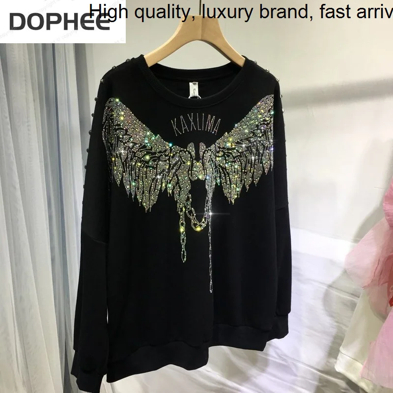 

Hot Luxury Blingbling Drilling Big Wings Women Sweatshirt Round Neck Oversize Pullovers Top Autumn Winter Long Sleeve Hoodies