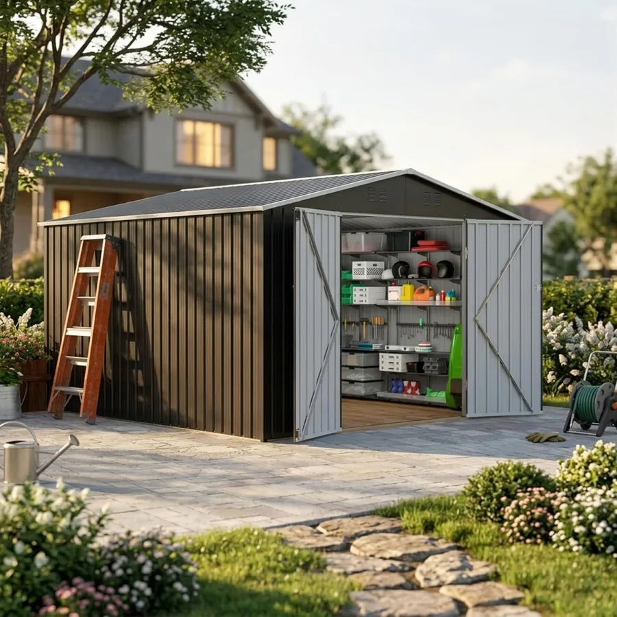 Feet Storage Shed for outdoor use, galvanized steel, gray, weather-resistant and lockable