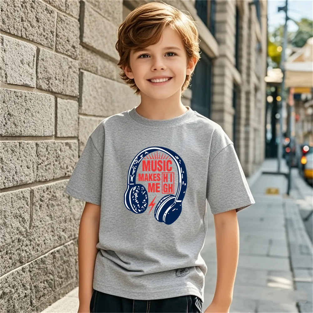 Teens Music Headset/Headphone Print T Shirts Boys Cotton Fashion T Shirt Children Summer Short Sleeve Trendy Loose DJ Tee Tops