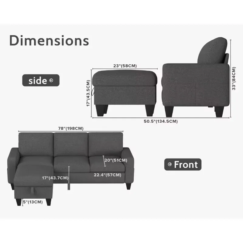 Sectional Sofa Couches for Living Room: Convertible L Shaped Couch with Storage Ottoman