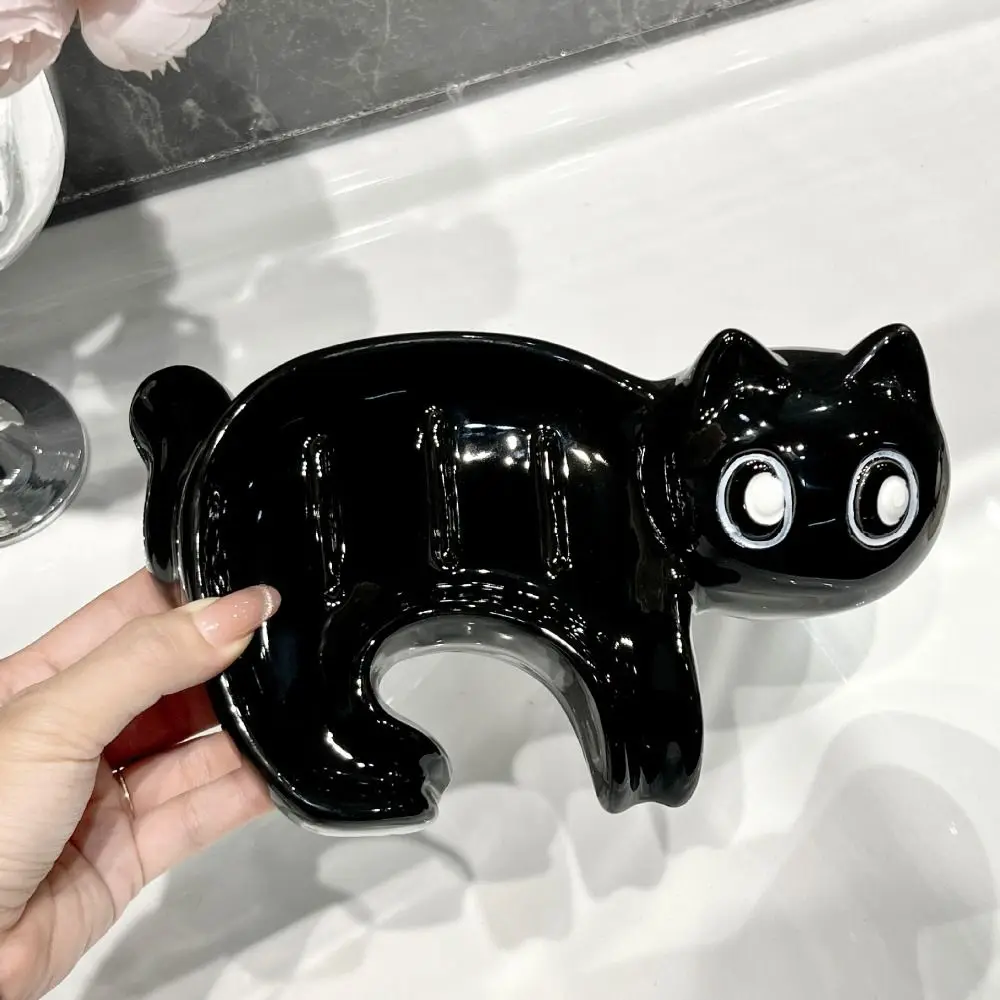 Self Draining Black Cat Soap Case Ceramic Cartoon Kitty Drain Soap Box Bathroom Jewelry Earring Holder Kitchen Clean Sponge Tray