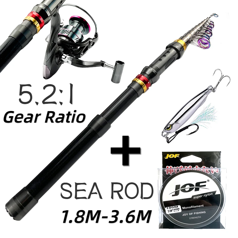 

Telescopic Spinning Fishing Rod and Reel Combo 1.8-3.6m Short Travel Carbon Pole 5.2:1 High Speed Wheel Drag 8kg For Beginners