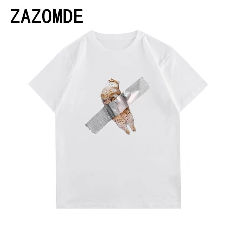 ZAZOMDE 100% Cotton 260G T-shirts Men Funny Cat Print T Shirt Streetwear Daily Casual  Tshirt Top Tees Male Oversized Hip Hop T