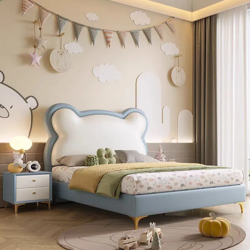 Modern Simple 1.2m/1.5m/1.8m Cream Cartoon Children's Wooden Frame Leather Soft Bed Panda Design Queen for Home Bedroom