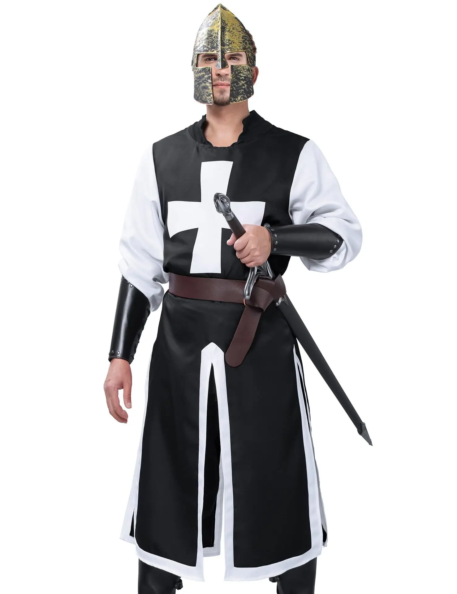 Medieval Renaissance Crusader Knight Tunic Templar Robe Halloween Cosplay Warrior Costume Mask Belt Set