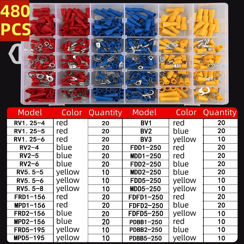 

480 шт. изолированный кабельный соединитель, обжимной шпатель для проводов, комплект вилок для стыкового кольца, комплект свернутых клемм с кольцевыми наконечниками