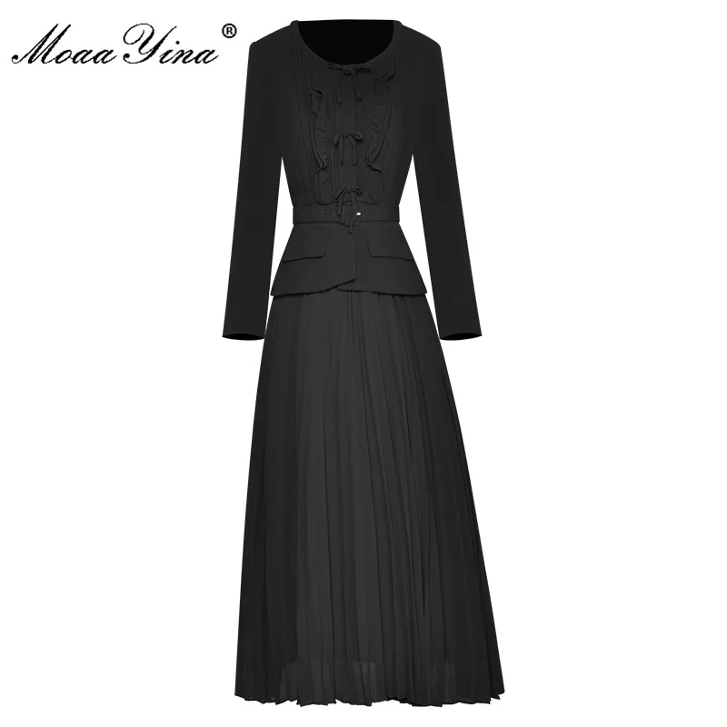 MoaaYina Fashion Designer dress Autumn Winter Women Dress O Neck Long Sleeve Ruffle Patchwork Black Party Pleated Dresses