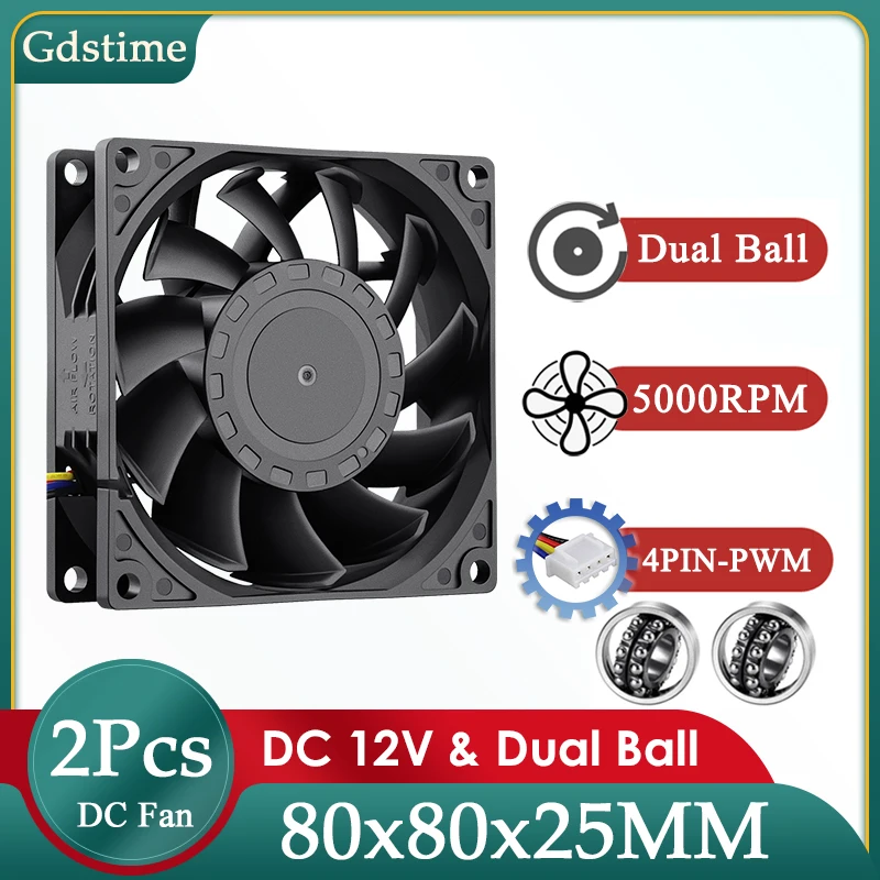 

2Pcs Gdstime 12V Dual Ball Booster Fan 80*80*25MM DC Brushless Cooling Fan 8025 4PIN PWM Cooler 8CM Loptop Case GPU CPU Cool