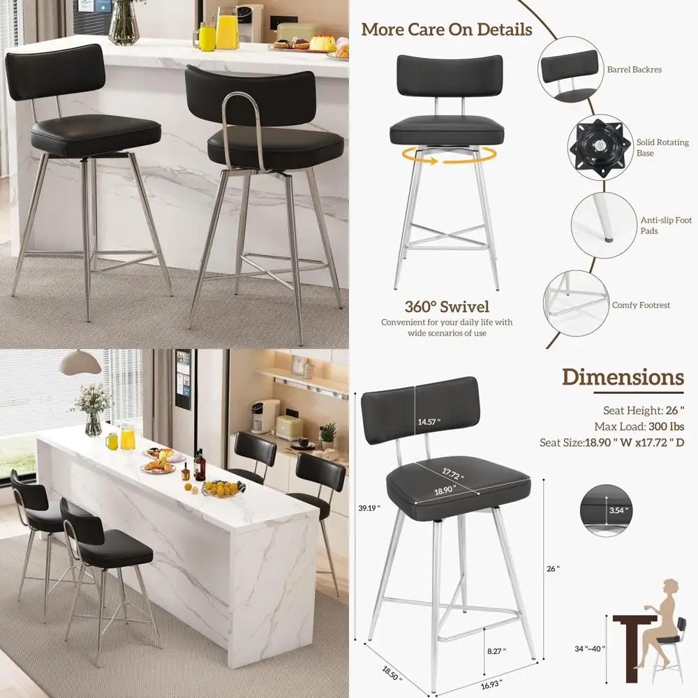 Lot de 2 tabourets de bar pivotants en cuir, 26 tabourets de comptoir de cuisine hauts avec dossiers, pieds en métal, repose-pieds pour une salle à manger confortable