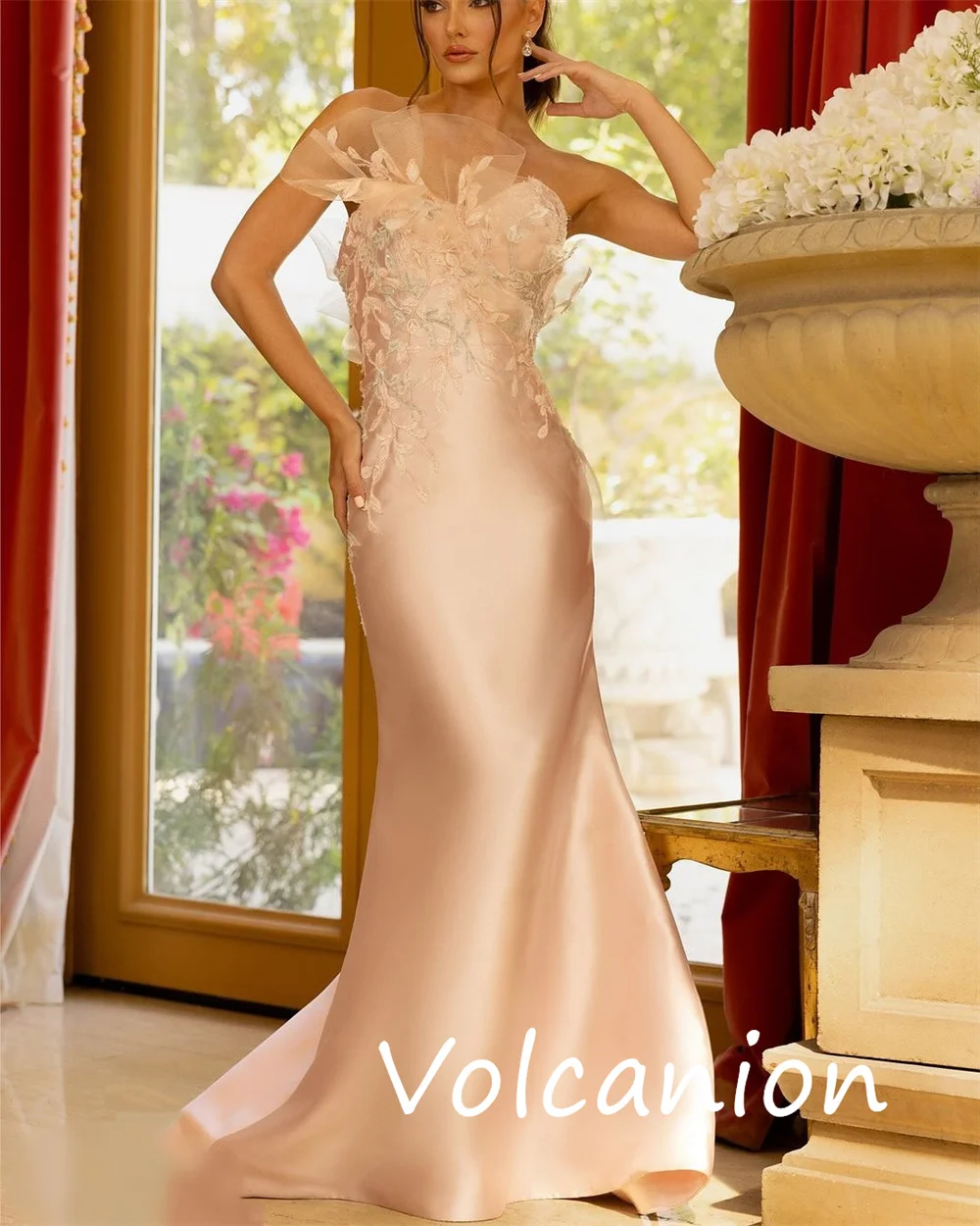 Customized Fashion Elegant Charmeuse Sequined Flower Trumpet Strapless Long Dresses Bespoke Occasion Simple