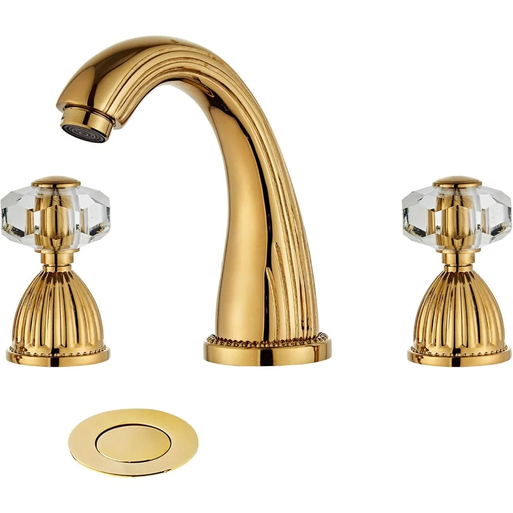 

Polished Gold 8-16" 3-Hole Widespread Brass Faucet, 2 Crystal-Handle Bathroom Vanity Mixer with Pop-Up Drain Assembly