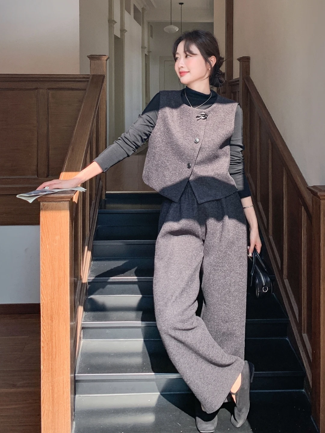 

Elegant Woolen Vest Top Bottoms Set Women's Spring Autumn Style Chic Casual Outfit Three Pieces Set High Waist Long Pants