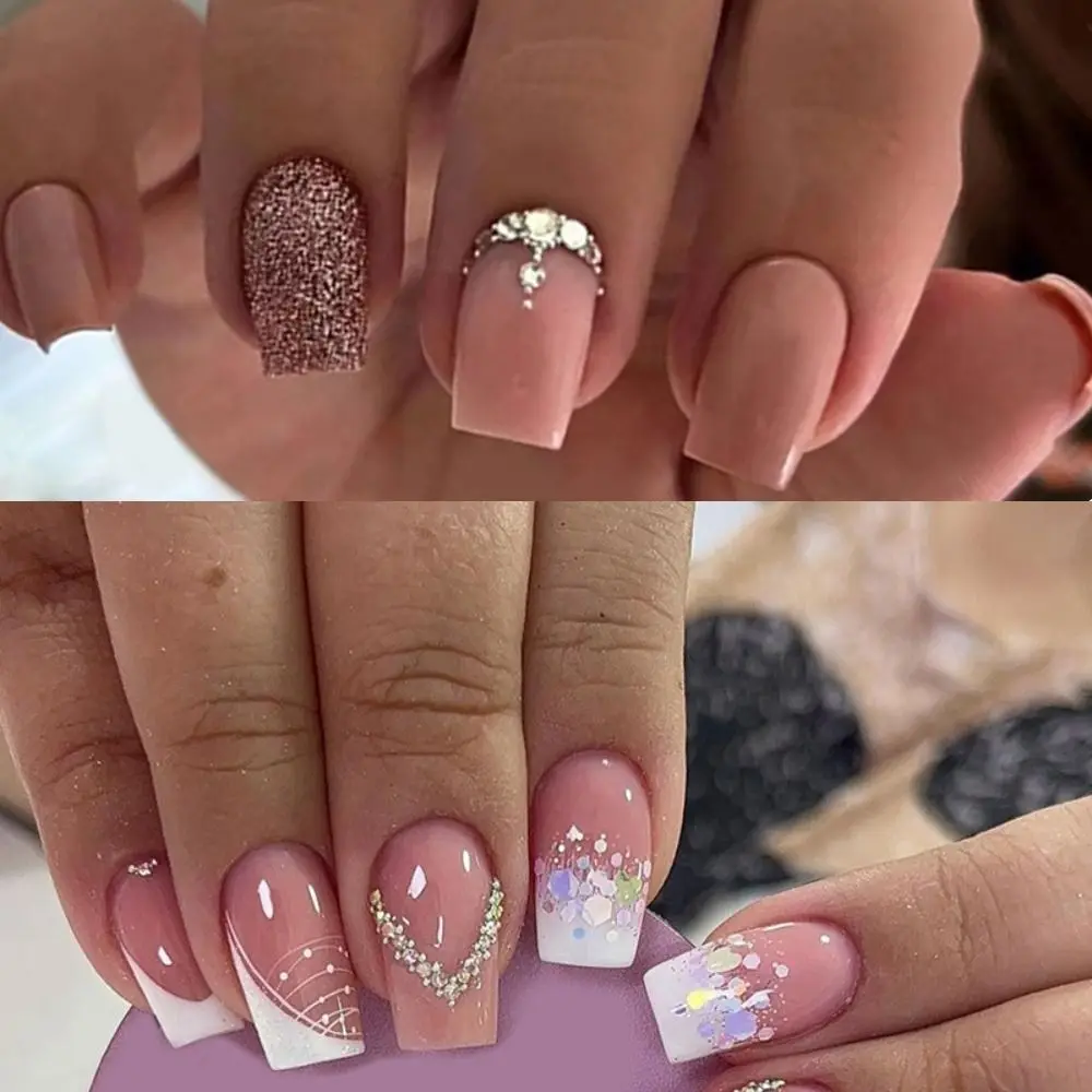 24 stücke Maniküre Kristall gefälschte Nials DIY lange quadratische französische falsche Nägel glitzern