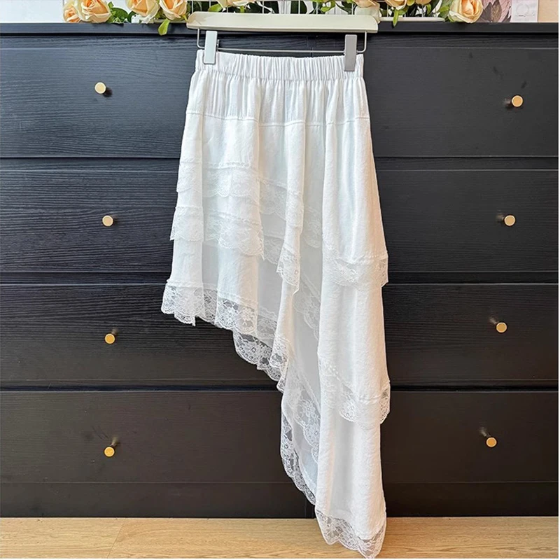 

Fashion Irregular Black White Skirts Women Korean Summer High Waist Elegant Long Skirt Lace Patchwork Jupe Femme