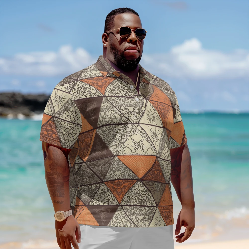 Polo de talla grande para hombre, camisa con estampado de patrón de diamante amarillo naranja de verano, botón de solapa informal, adecuado para compras y golf, 1 ud.