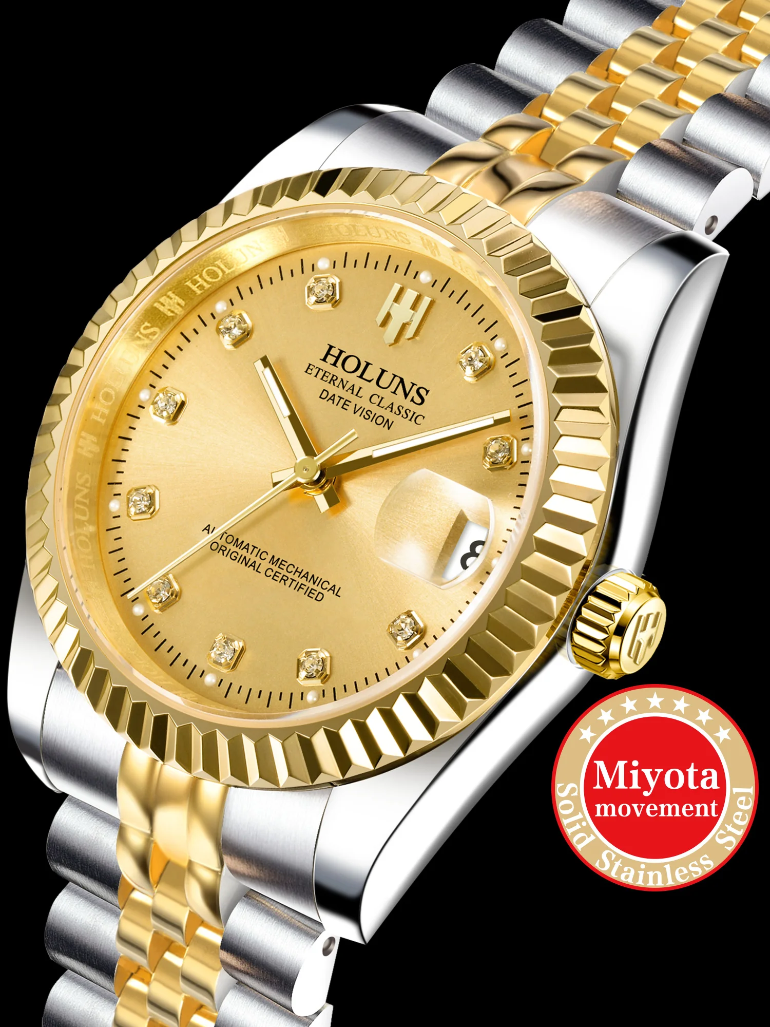 Holuns orologio in oro per uomo diamanti di lusso classico orologio meccanico automatico da uomo in acciaio inossidabile impermeabile Relogio Masculino
