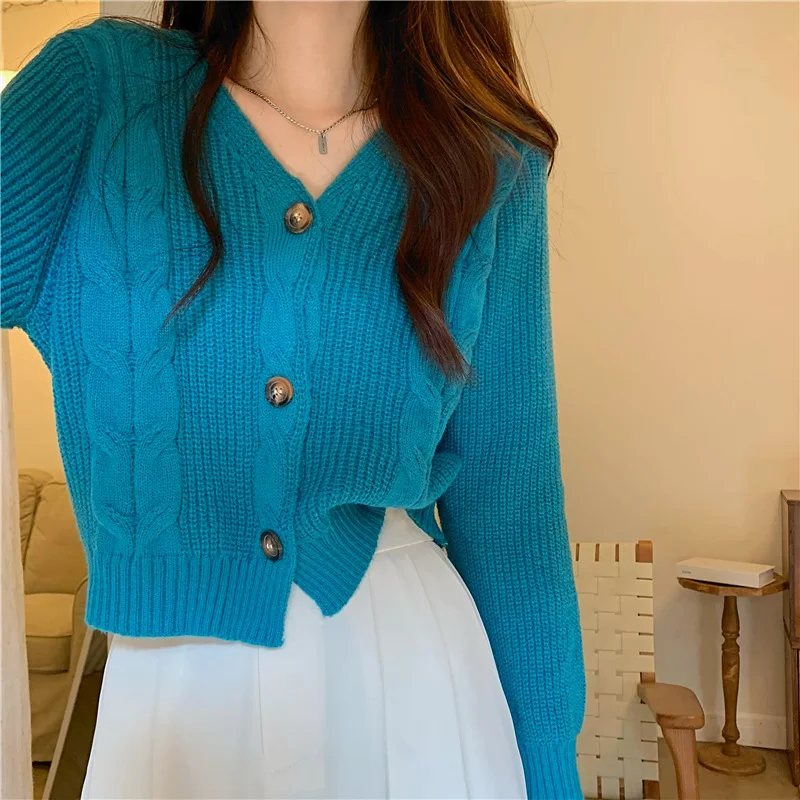 Korean Fashion Pitaya Color Ribbed Knitted Cardigan Women Autumn Long Sleeve Basic Cropped Sweaters Casual Tops Sueters De Mujer