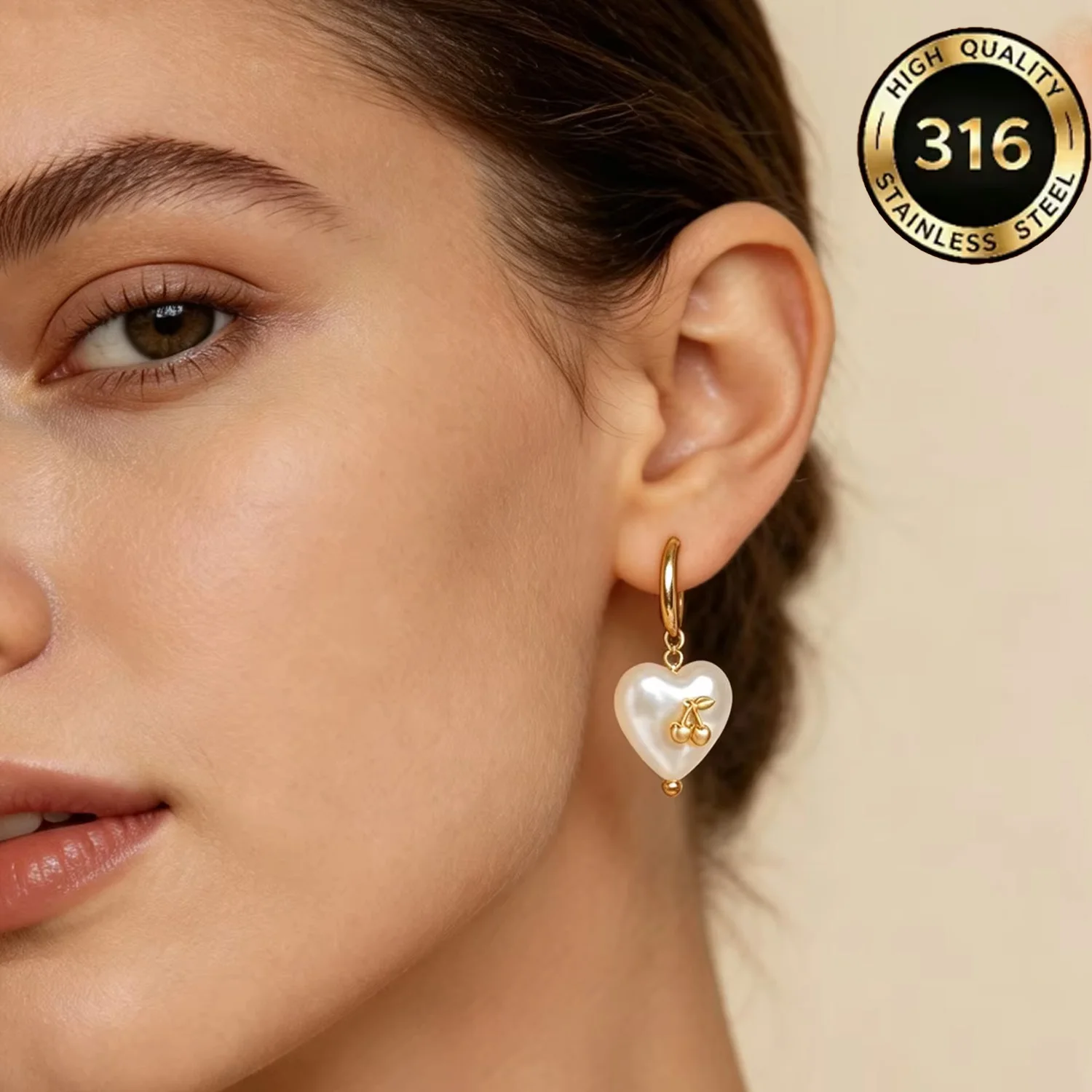 Fashionable Elegant Sweet Heart Cherry Drop Earrings for Women Stainless Steel Metal Small Party Everyday Jewelry
