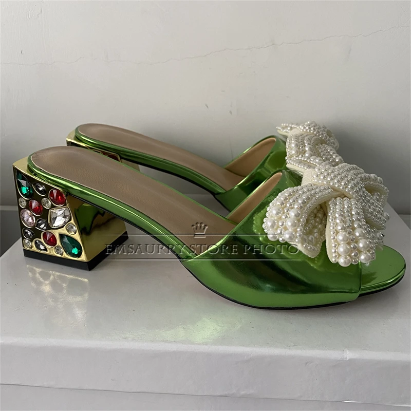 Quality Beads Butterfly-Knot Flower Sandals Women Colorful Rhinestone Square Heel Slingbacks Patent Leather Summer Shoes