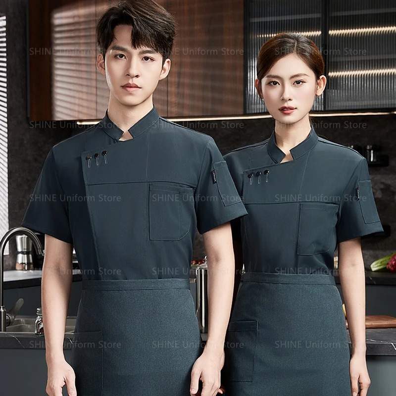 Abrigo de Chef de verano negro para hombre, chaqueta de Chef de Hotel con Logo, abrigo de cocina, delantal, uniforme de Chef de manga corta, ropa de restaurante