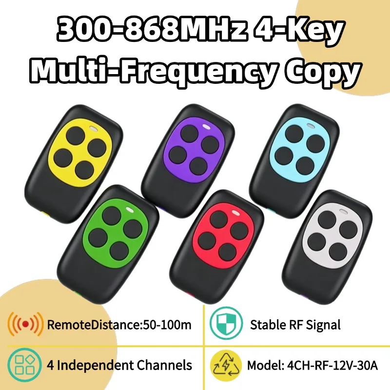 280-868MHz 4-Key Colorful RF Wireless Remote Control, Auto Code Copy Duplicator Transmitter, Universal Handheld Remote Fob for