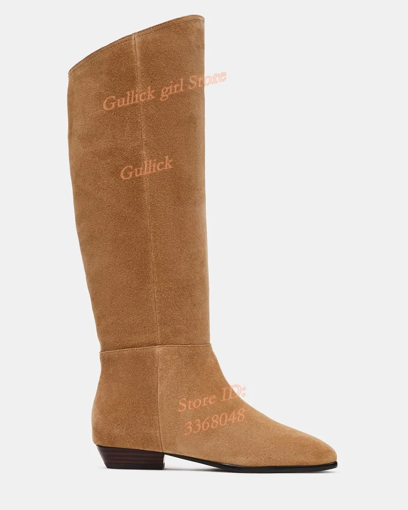 Tan Suede Knee High Boots Block Low Heel Slip On Runway 2026 Winter Autumn Women Dress Shoes Handmade New Arrivals