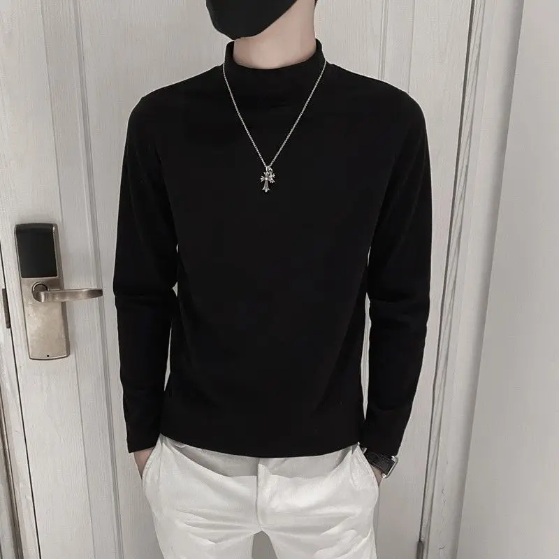 Autumn Winter New Fashion Half High Collar Long Sleeve Solid Men's Clothing Bottoming Shirt Casual All-match Loose Korean Tops