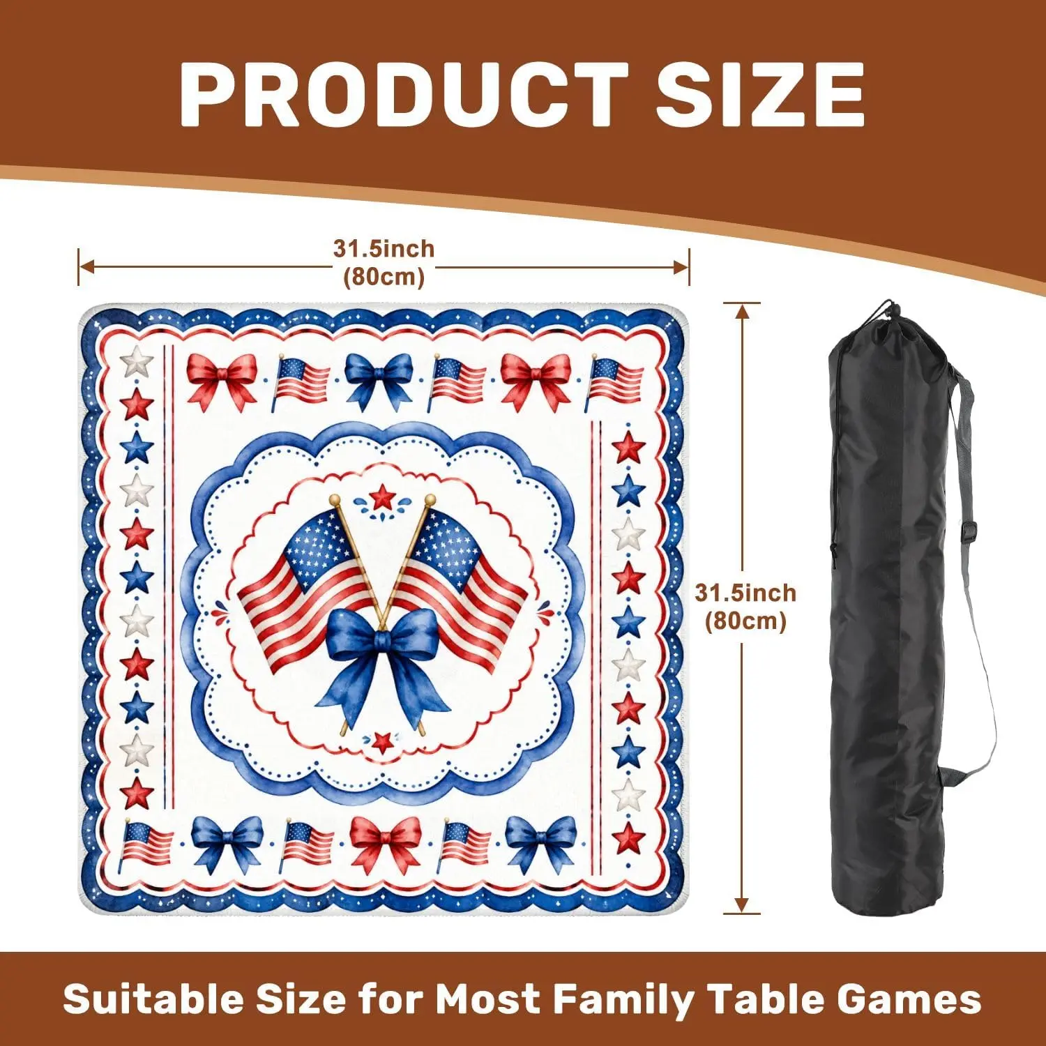 Patriotic American Flag Red Blue Ribbon Mahjong Mat with Bag 31.5 x 31.5 Inch Non Slip for Independence Day Table Games