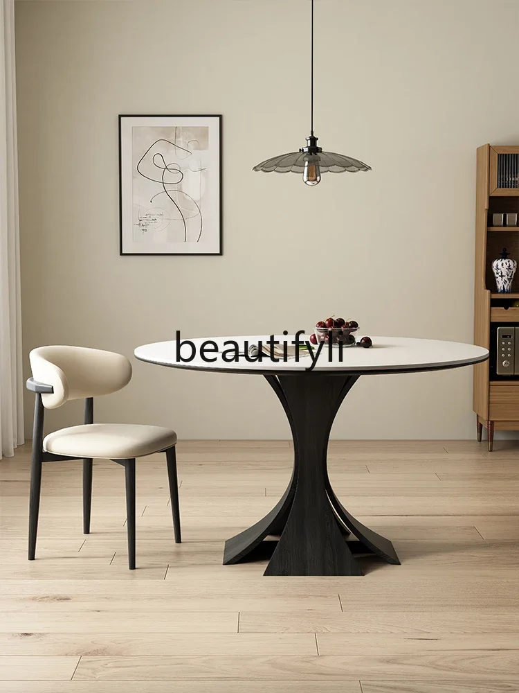 

Pure white rock slab round dining table modern household small apartment simple restaurant dining table