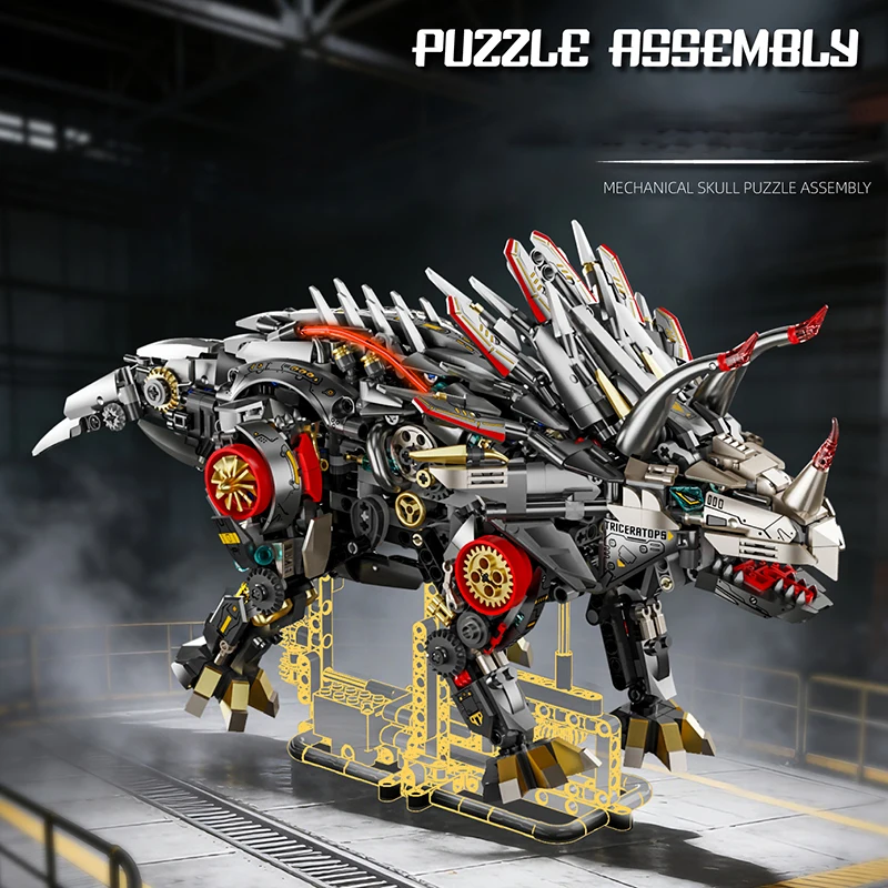 Mechanical Triceratops Building Blocks Kit Movable Robot Dinosaur Model with Lights Cool Tech Design Assembly Toy Christmas Gift