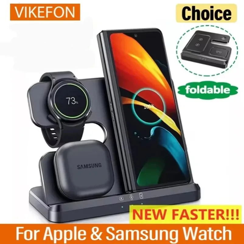 VIKEFON 3 In 1 Fast Charging Dock Station Wireless Charger Stand For Samsung Galaxy S24 S23 Untra Galaxy Watch 8 Active 2 1 Buds