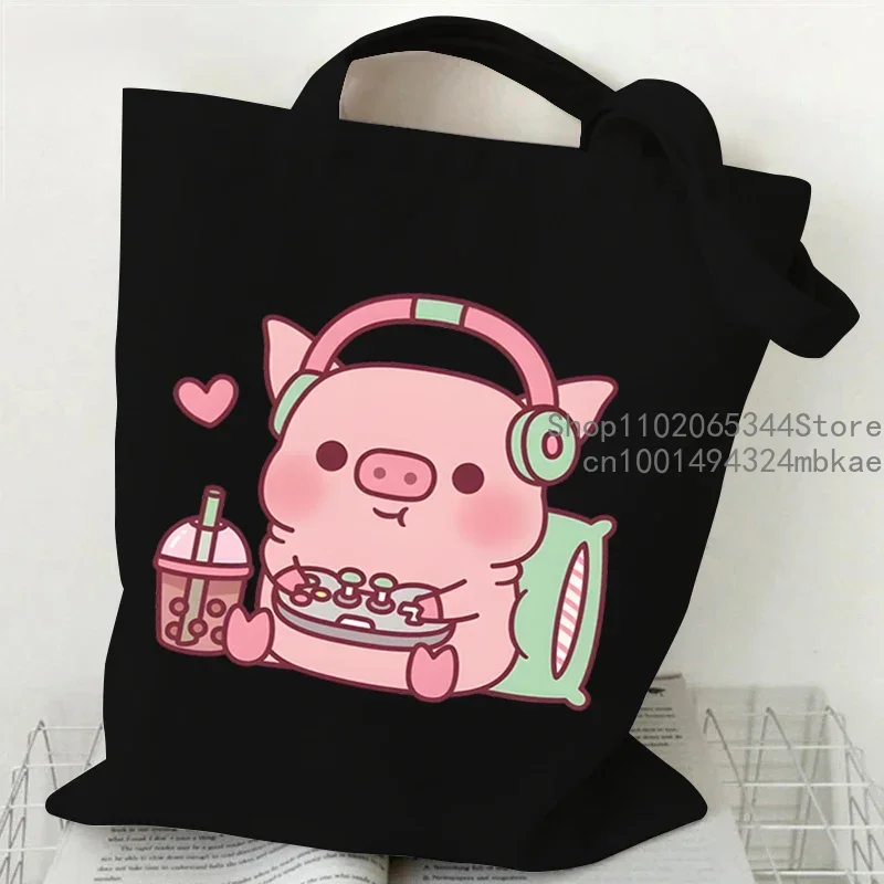 Burger Pig Pattern Cartoon Canvas Tote Bag Women Men Reusable Shopper Bag Cute Hamburger Animal Fashion Teen Shoulder Handbags