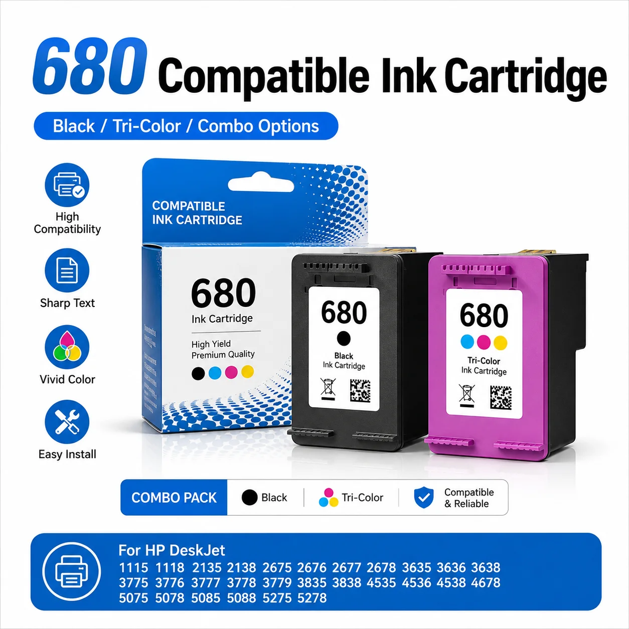 680 Compatible Ink Cartridge Black & Tri-Color for HP DeskJet 1115 2135 2675 3635 3775 3835 4535 4678 5075 5275
