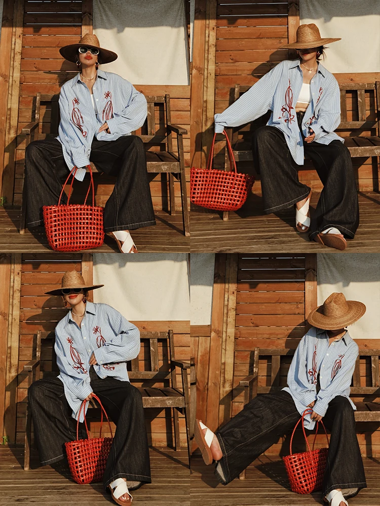 TIYIHAILEY Lente Gestreepte Herfst Blouse Tops Vrouwen Lange Mouw Tees Borduren Losse Shirt Turn Down Kraag Enkele Breasted 2025