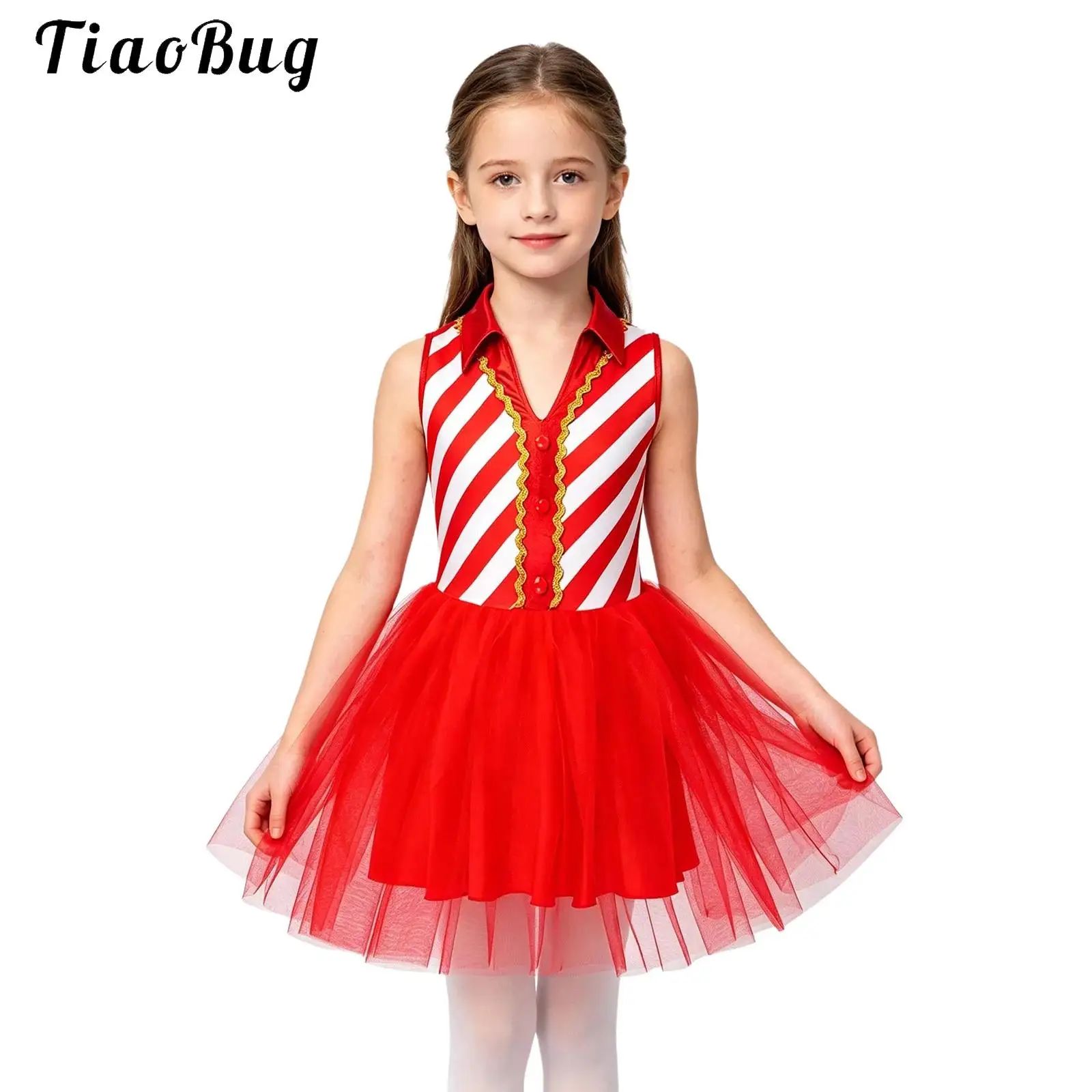 Kids Girls Christmas Elf Tutu Dress Ballet Dance Leotard Metallic Sleeveles Candy Cane Stripe Costume Xmas Skating Tulle Dress