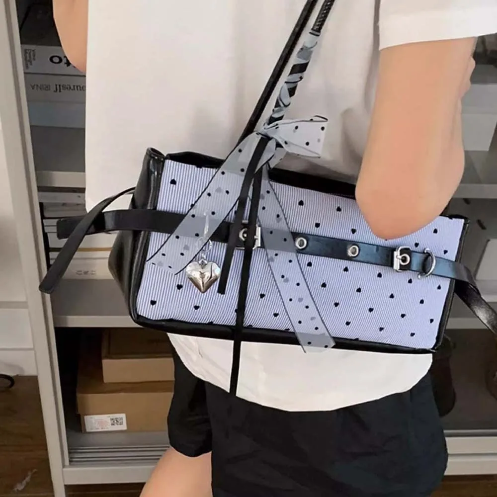 

Sweet French Stick Handbag Canvas Bow Ribbon Blue Shoulder Bag Korean Style Contrast Color Stripe Heart Underarm Bags School